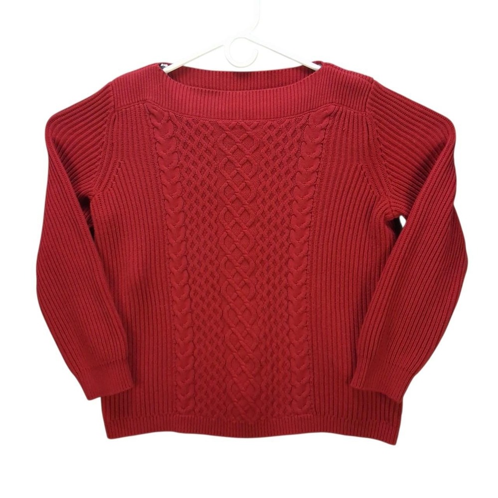 Tommy Hilfiger Womens Red Cable Knit Crewneck Sweater Large Preppy Cotton Blend
